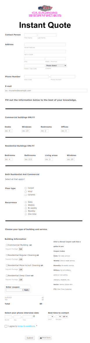 Cleaning Quote Form Template