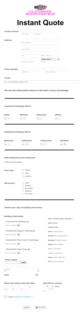 Cleaning Quote Form Template