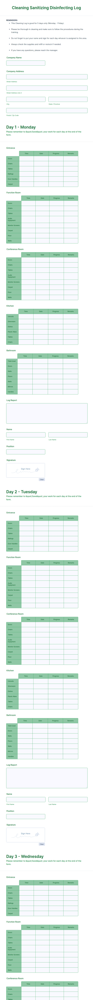 Cleaning Sanitizing Disinfecting Log Form Template