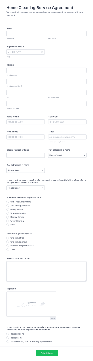 Cleaning Service Agreement Form Template