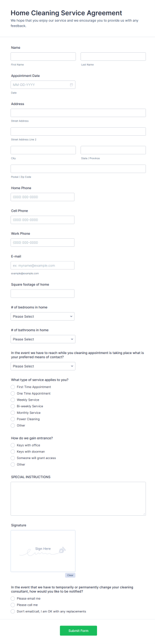 Cleaning Service Agreement Form Template