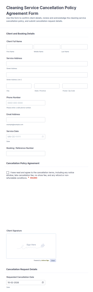 Cleaning Service Cancellation Policy Agreement Form Template