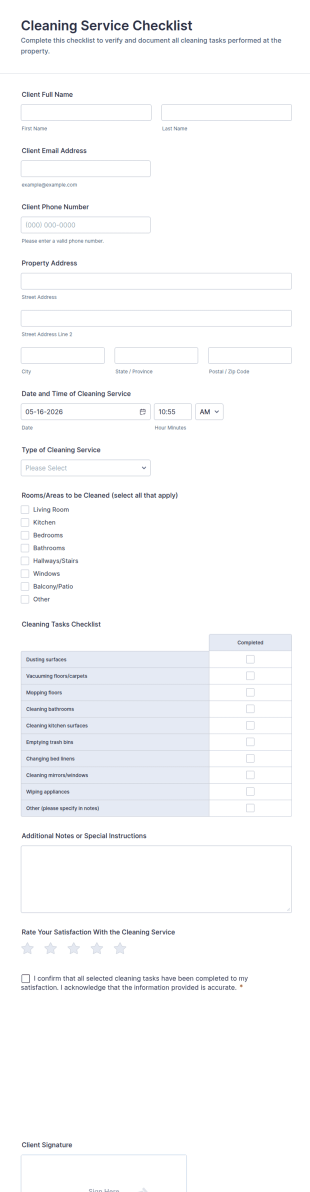 Cleaning Service Checklist Form Template