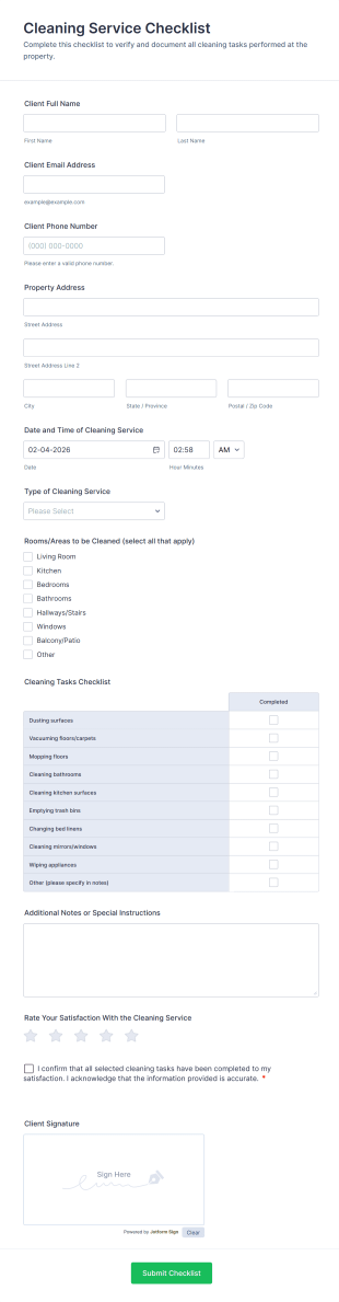 Cleaning Service Checklist Form Template