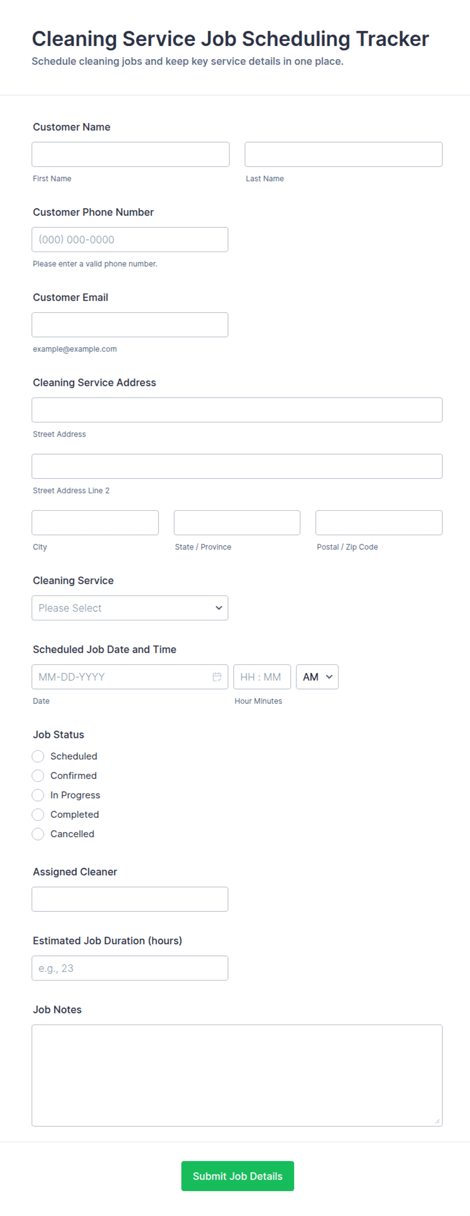 Cleaning Service Job Scheduling Tracker Form Template | Jotform