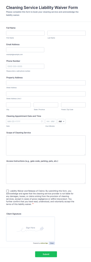 Cleaning Service Liability Waiver Form Template