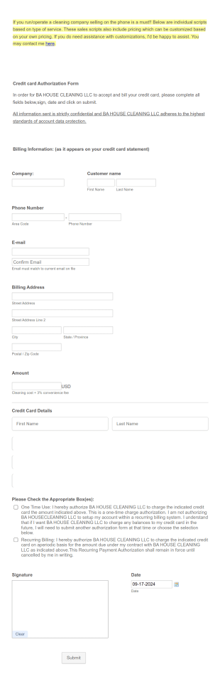 Cleaning Service Payment Form Template