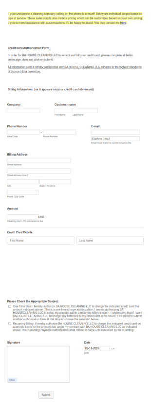 Cleaning Service Payment Form Template