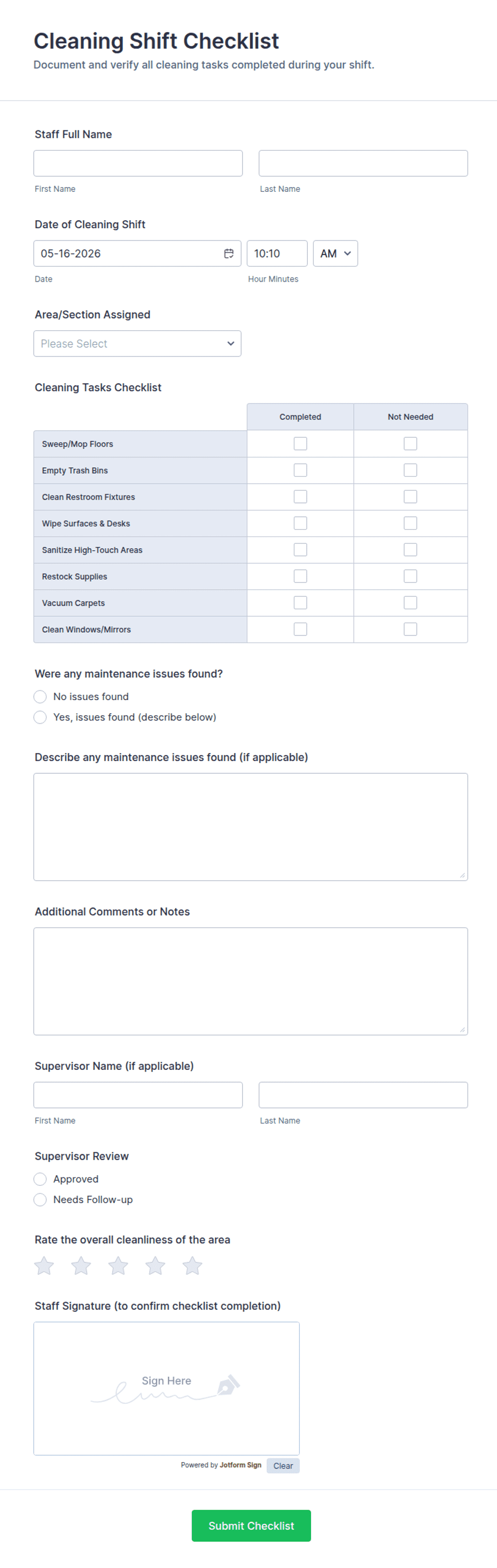 Cleaning Shift Checklist Form Template | Jotform