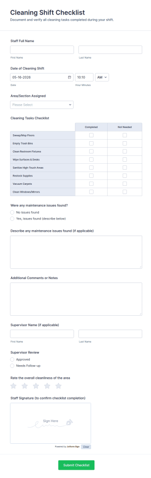 Cleaning Shift Checklist Form Template