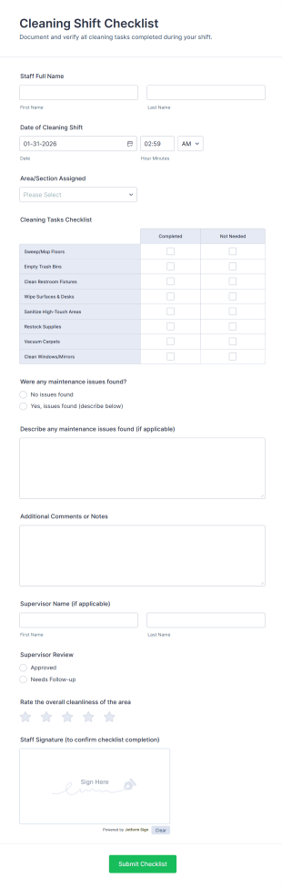 Cleaning Shift Checklist Form Template