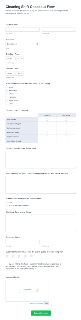 Cleaning Shift Checkout Form Template
