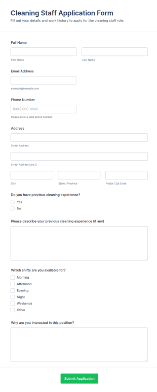 Cleaning Staff Application Form Template