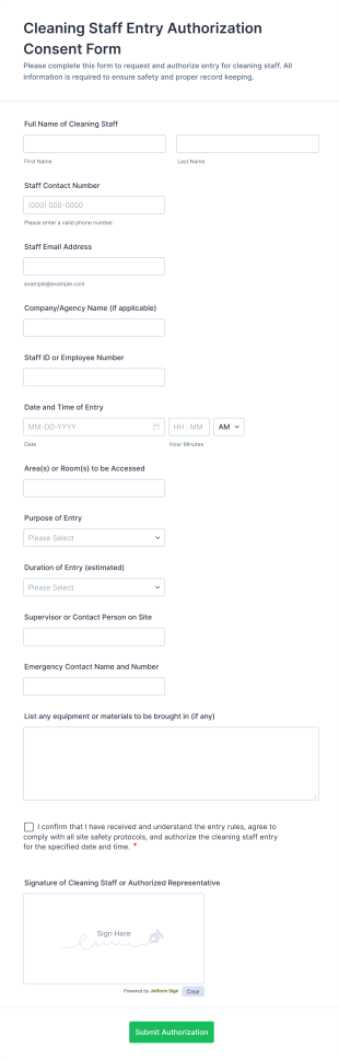 Cleaning Staff Entry Authorization Consent Form Template