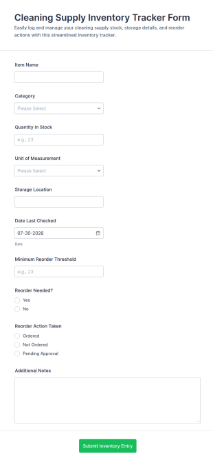 Cleaning Supply Inventory Tracker Form Template