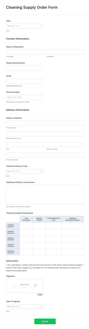 Cleaning Supply Order Form Template