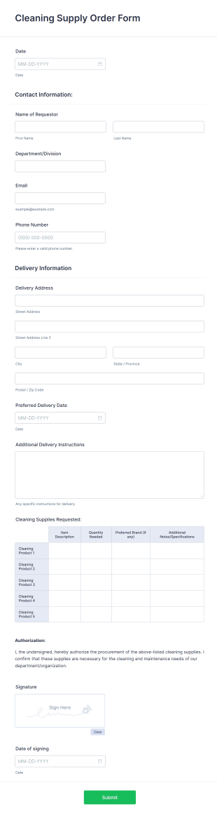 Cleaning Supply Order Form Template