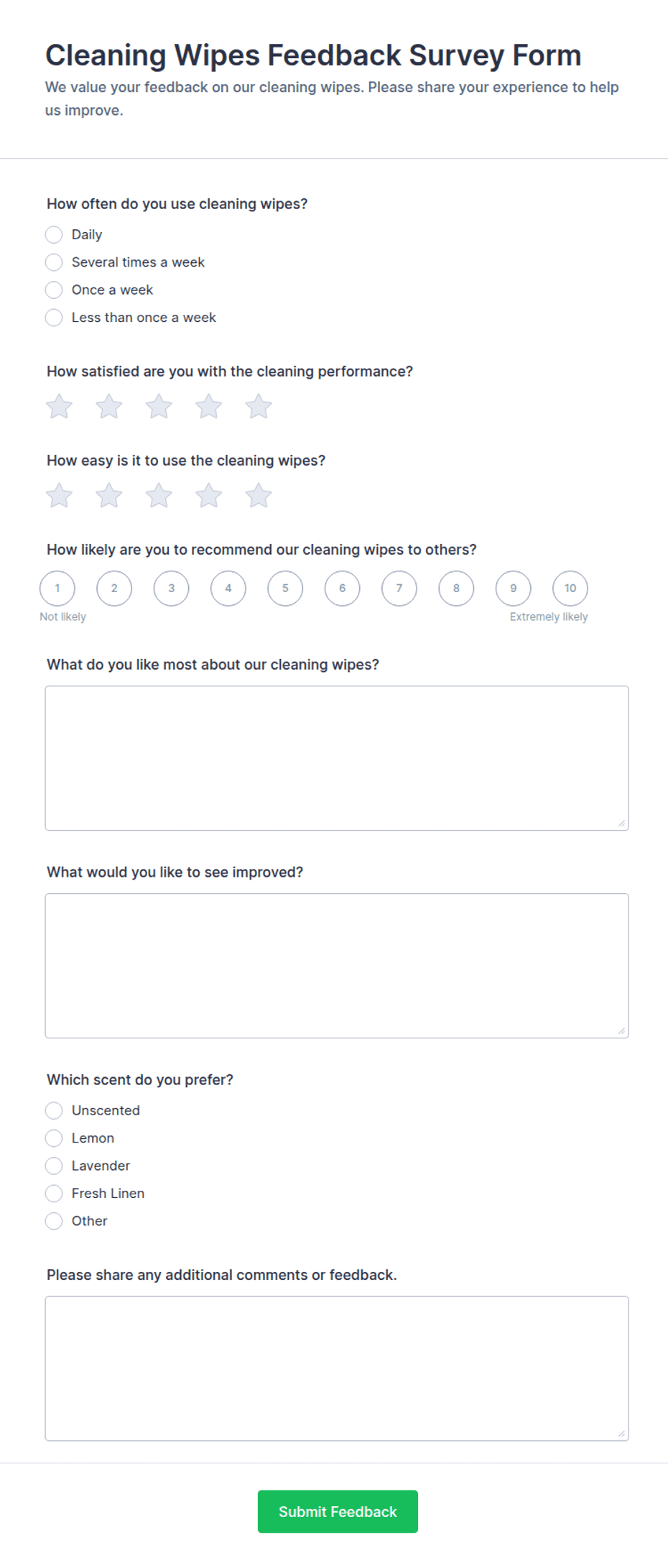 Cleaning Wipes Feedback Survey Form Template | Jotform