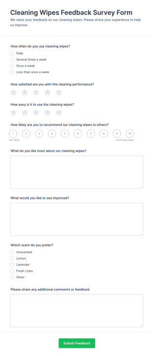 Cleaning Wipes Feedback Survey Form Template