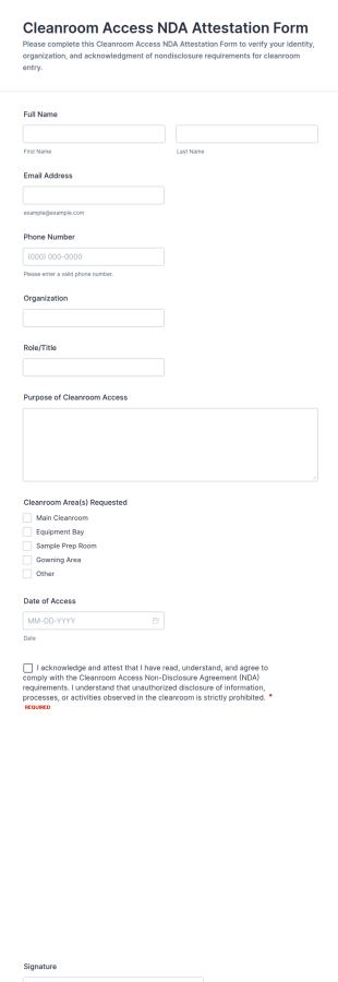 Cleanroom Access NDA Attestation Form Template