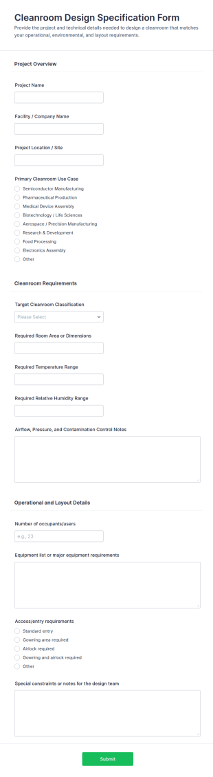 Cleanroom Design Specification Form Template