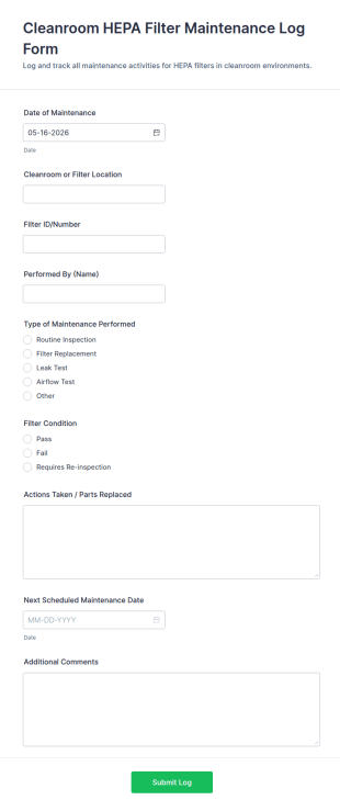 Cleanroom HEPA Filter Maintenance Log Form Template