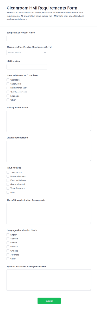 Cleanroom HMI Requirements Form Template