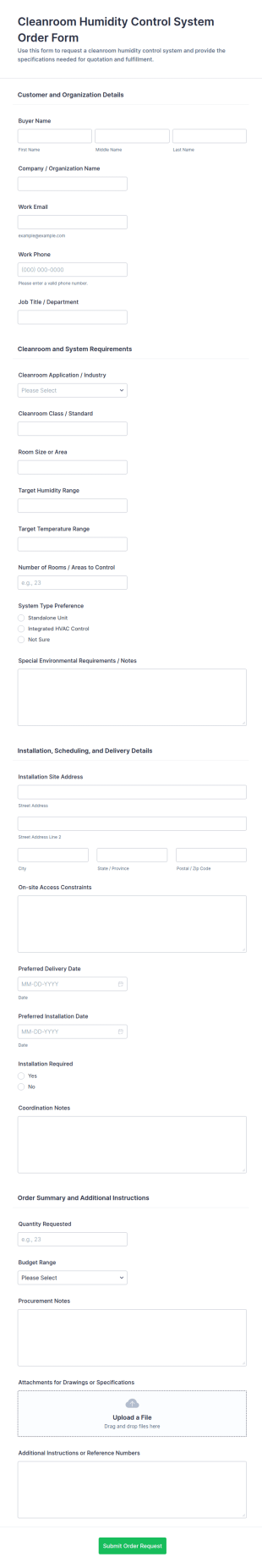 Cleanroom Humidity Control System Order Form Template
