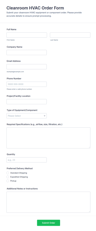 Cleanroom HVAC Order Form Template