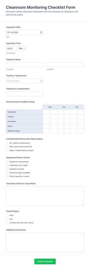 Cleanroom Monitoring Checklist Form Template