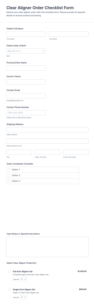 Clear Aligner Order Checklist Form Template