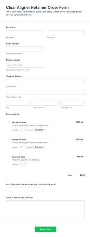 Clear Aligner Retainer Order Form Template