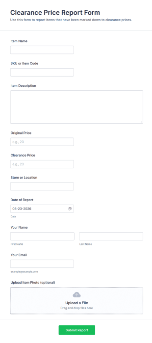 Clearance Price Report Form Template