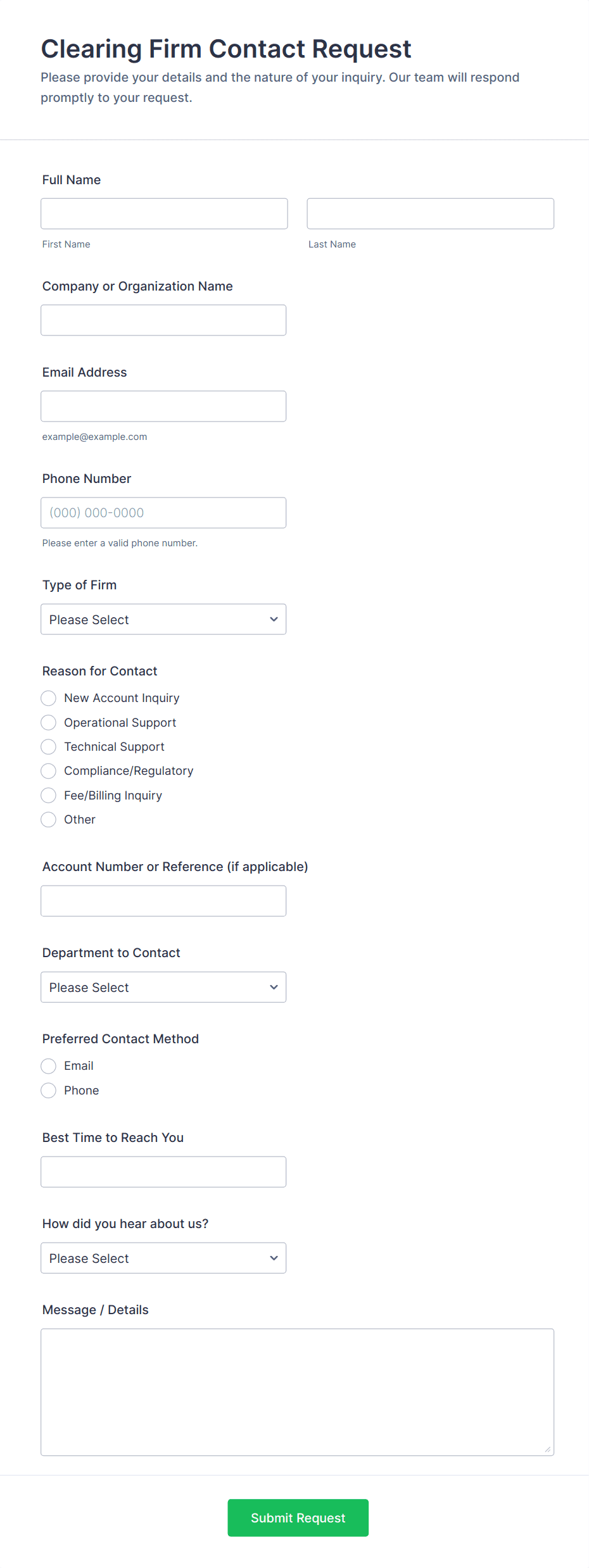 Clearing Firm Contact Request Form Template | Jotform