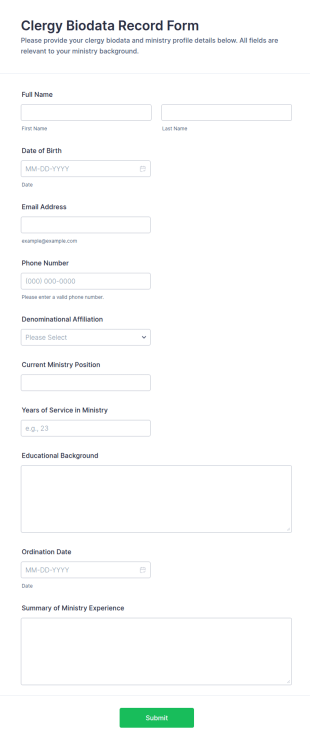 Clergy Biodata Record Form Template