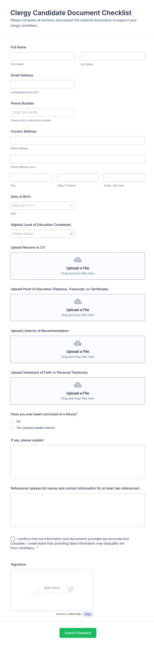 Clergy Candidate Document Checklist Form Template