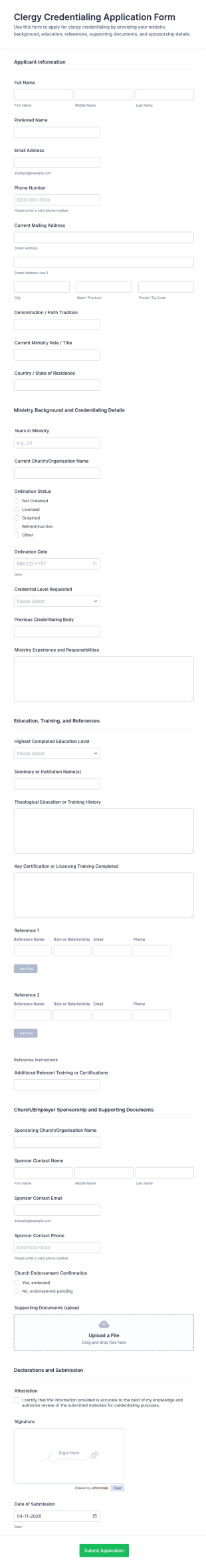 Clergy Credentialing Application Form Template