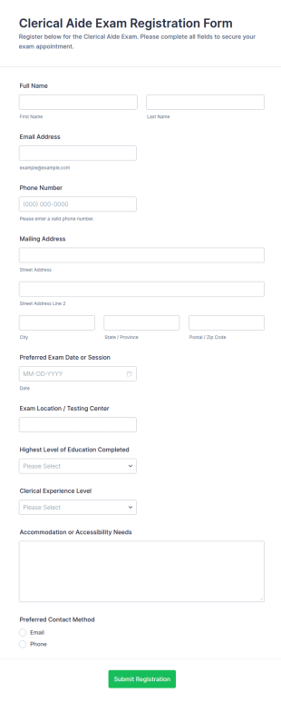 Clerical Aide Exam Registration Form Template
