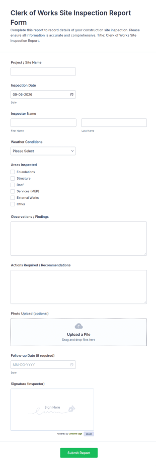 Clerk Of Works Site Inspection Report Form Template