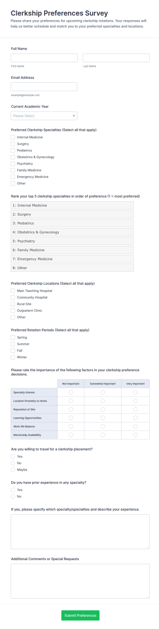 Clerkship Preferences Survey Form Template