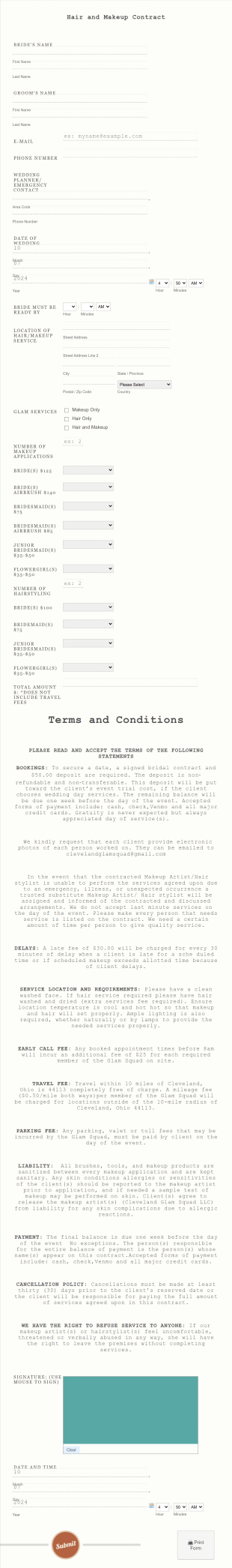 Cleveland Glam Squad Contract Form Template