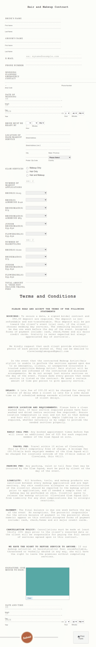Cleveland Glam Squad Contract Form Template