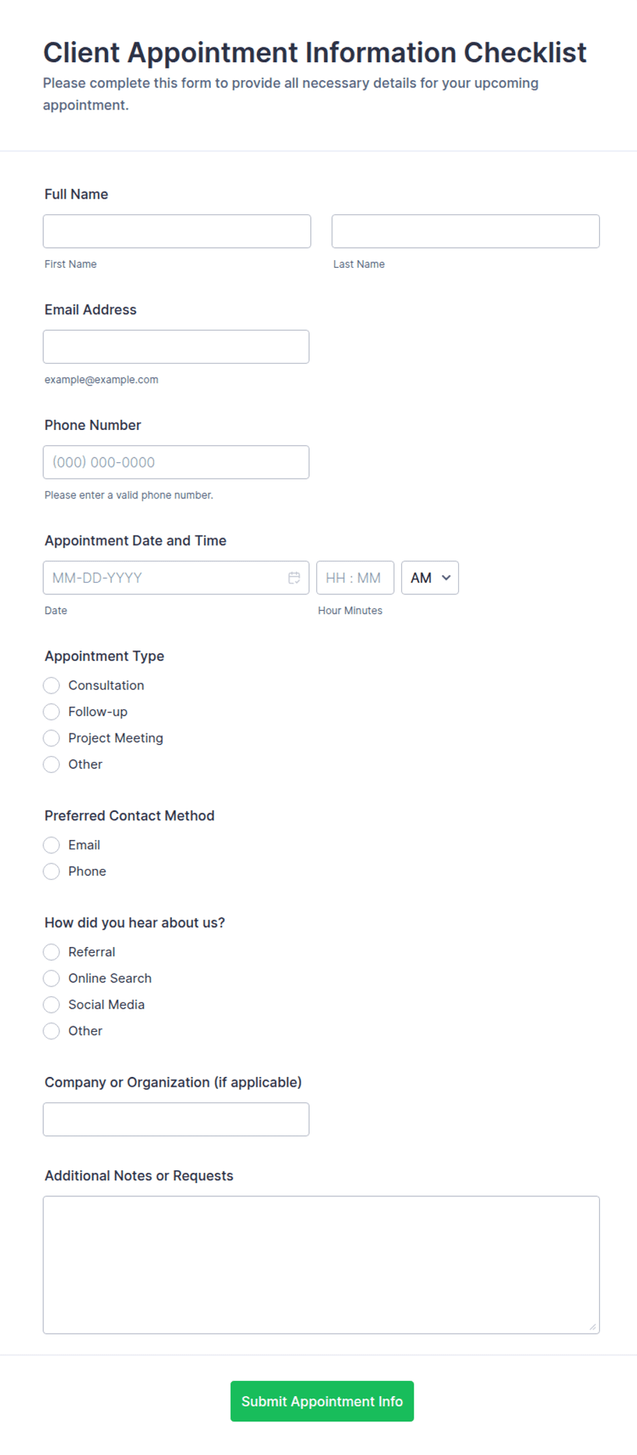 Client Appointment Information Checklist Form Template | Jotform