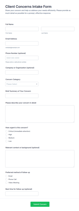 Client Concerns Intake Form Template