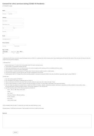 Client Consent For Clinic Services During COVID 19 Pandemic Form Template
