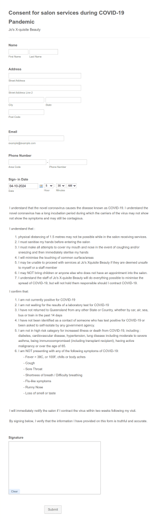Client Consent For Salon Services During COVID 19 Pandemic Form Template