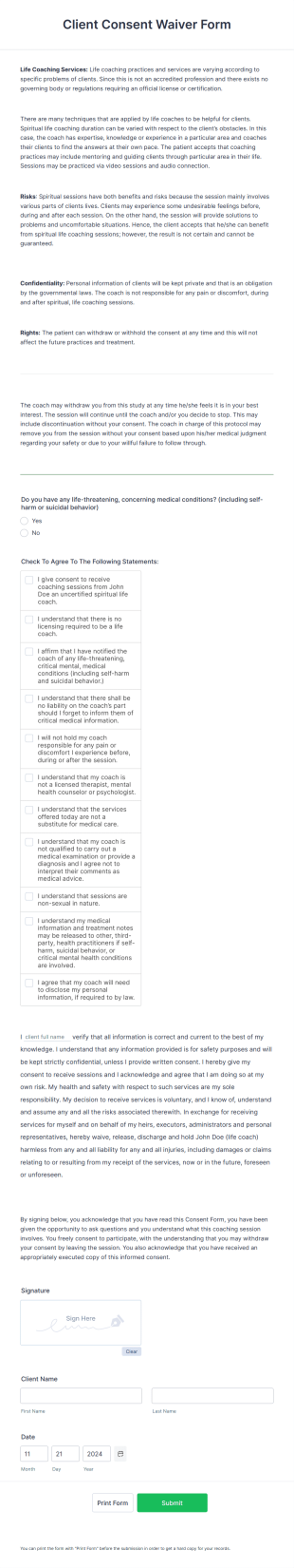Client Consent Waiver Form Template