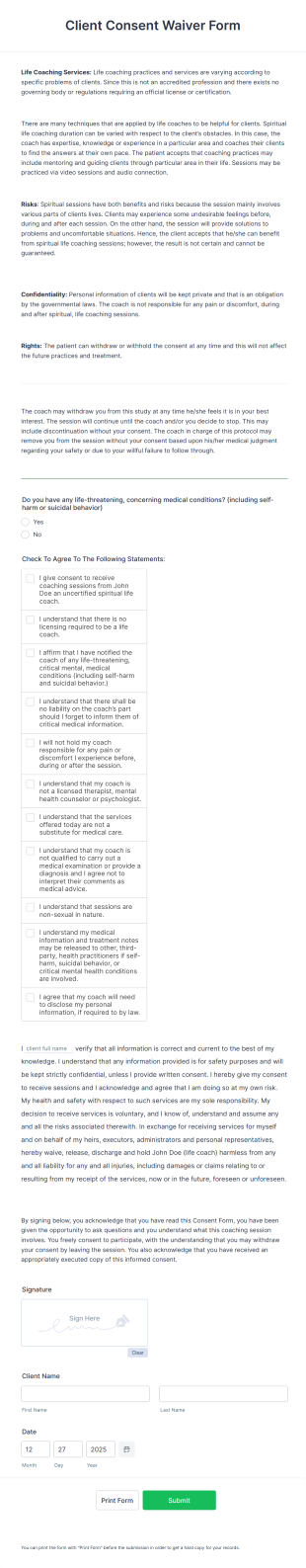 Client Consent Waiver Form Template