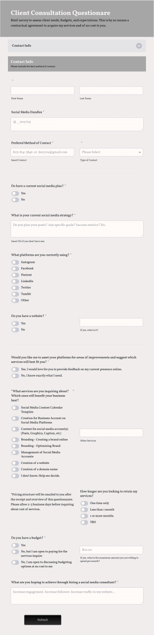 Client Consultation Questionare Form Template