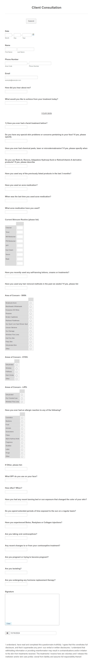 Client Consultation Skin By Janet Lynne Form Template